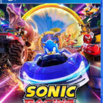 Sonic Racing: CrossWorlds PC gameplay showing Sonic speeding through a colorful loop track with power-ups.