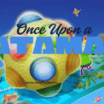 Once Upon a KATAMARI gameplay showing the Prince rolling up objects in a colorful storybook world.