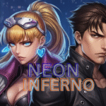 Neon Inferno PC game screenshot showing cyberpunk city, player character, and enemy combat action