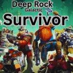 Deep Rock Galactic Survivor PC gameplay showing a dwarf mining and fighting alien creatures in dark underground caves with weapons and upgrades visible on screen