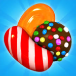 Candy Crush game screenshot showing colorful match-three puzzle gameplay on Android and PC