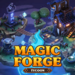 Screenshot of Magic Forge Tycoon PC game showing a magical forge with workers crafting enchanted items and machines upgrading