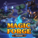 Screenshot of Magic Forge Tycoon PC game showing a magical forge with workers crafting enchanted items and machines upgrading