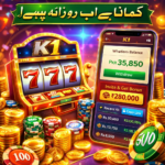 K1 Game casino app with slot machine, coins, and mobile earning screen showing withdraw and invite bonus system