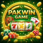 Pakwin Game feature image showing a gold themed casino style design with slot machine, playing cards, chips, and coins on a green glowing background.