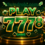 Play7778 game feature image with green and gold 7778 logo, cards, chips, and slot machine design