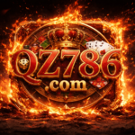 QZ786 Game logo with crown cards dice and chips in a glowing casino style design