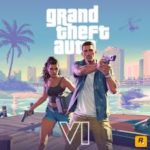 Grand Theft Auto VI game poster showing GTA 6 title with Vice City inspired background